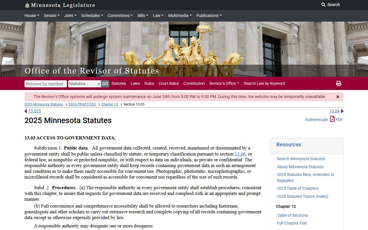 Stearns County court records Minnesota government data access statute