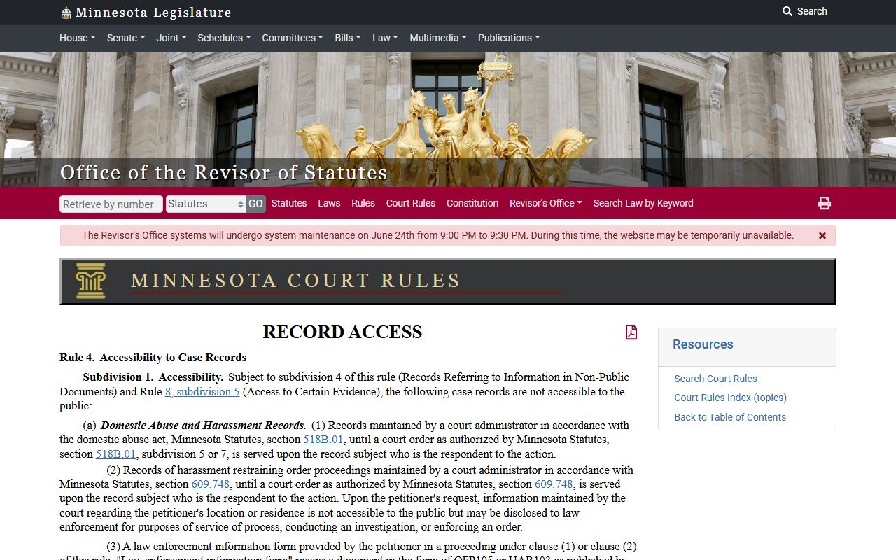 Stearns County court records Minnesota public access Rule 4